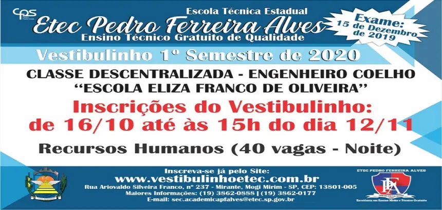 Inscrições abertas para Vestibulinho da ETEC Engenheiro Coelho