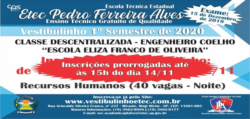 Inscrições prorrogadas para Vestibulinho da ETEC Engenheiro Coelho
