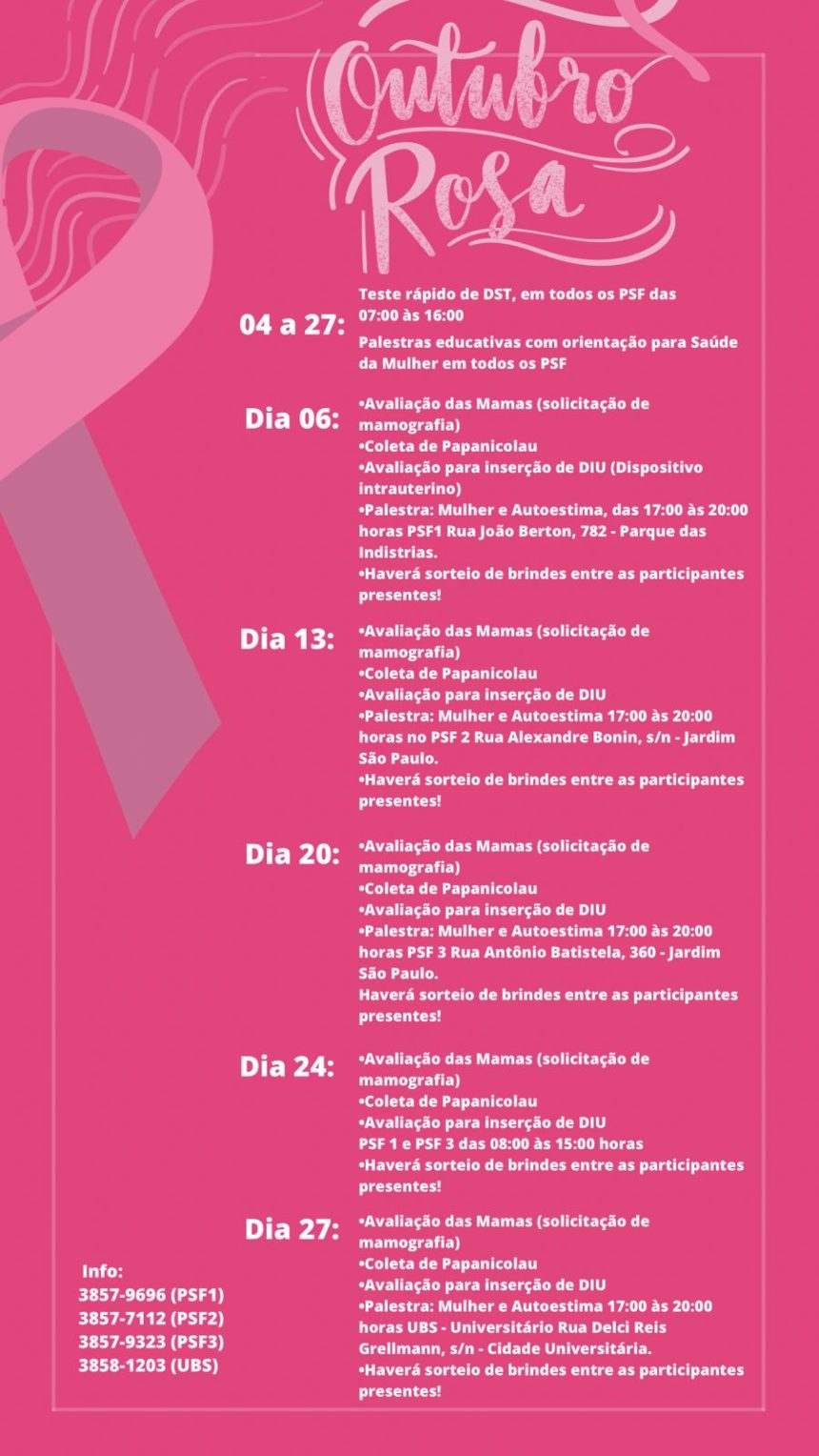 Prefeitura de Engenheiro Coelho e Secretaria Municipal de Saúde apresentam calendário da campanha Outubro Rosa