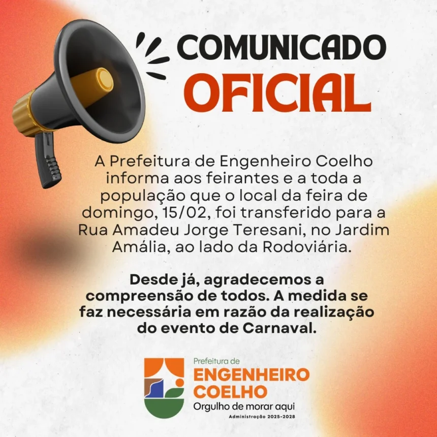 Feira livre de Engenheiro Coelho será realizada na Rua Amadeu Jorge Teresani neste domingo