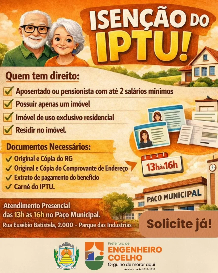 Prefeitura de Engenheiro Coelho orienta população sobre solicitação de isenção do IPTU para aposentados e pensionistas